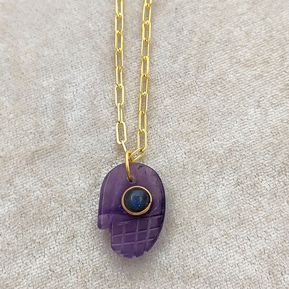 Amethyst Hamsa Hand Necklace Gold Plated Paperclip Chain Unique Boho Spiritual Jewelry Gift- Selling Per Piece