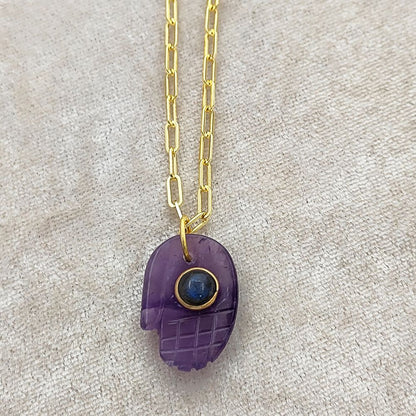 Amethyst Hamsa Hand Necklace Gold Plated Paperclip Chain Unique Boho Spiritual Jewelry Gift- Selling Per Piece