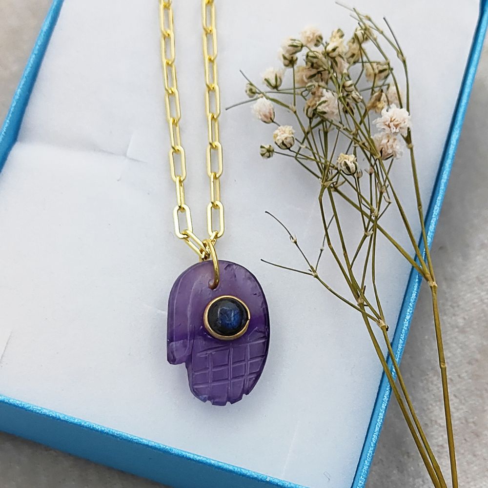 Amethyst Hamsa Hand Necklace Gold Plated Paperclip Chain Unique Boho Spiritual Jewelry Gift- Selling Per Piece