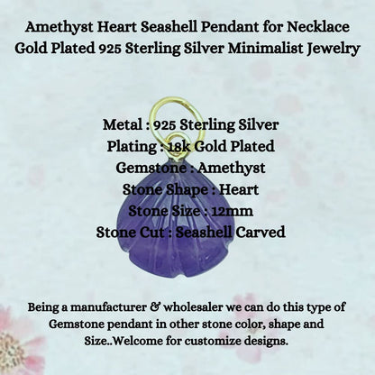 Handcrafted Amethyst Seashell Pendant February Birthstone Gold Plated Silver Jewelry