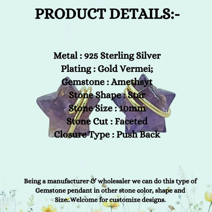 Amethyst Star Stud Earrings 10mm Handmade Gold Plated Sterling Silver Gemstone Studs for Women – Selling Per Pair