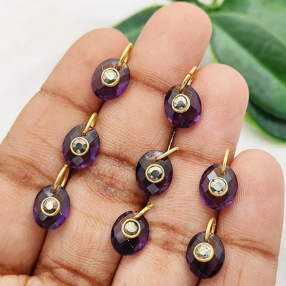 Amethyst & Moss Agate Connector Charm Gold Plated 925 Silver Pendants for Handmade Bohemian Jewelry- Selling Per Piece