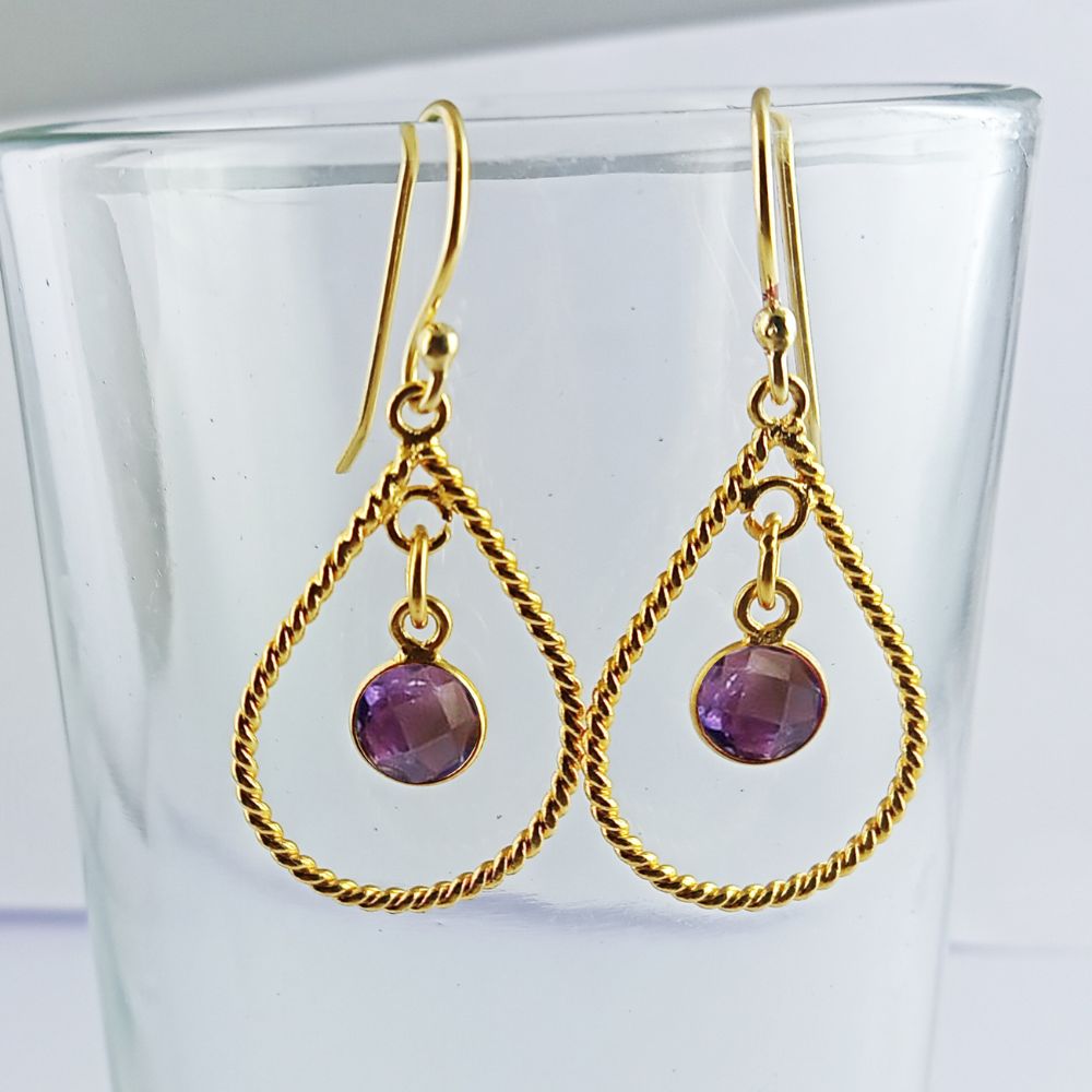 Gold Plated Amethyst Dangle Earrings – February Birthstone Jewelry – Elegant Drop Earrings for Women