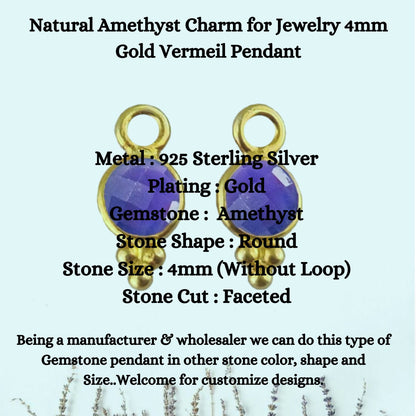 Natural Amethyst Charm for Jewelry 4mm Gold Vermeil Pendant