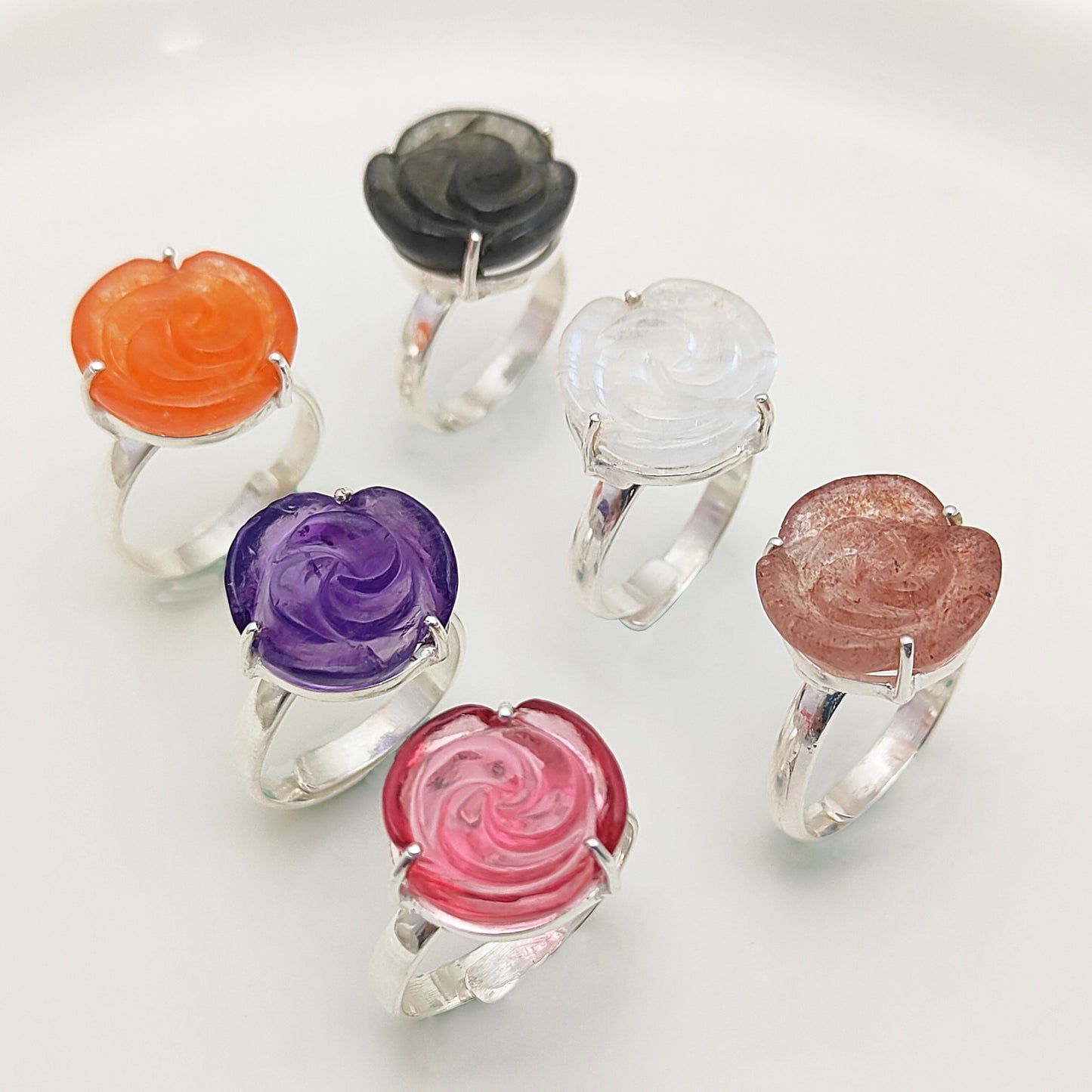 925 Sterling Silver Labradorite Rose Carving Ring Handcarved Flower Adjustable Band Rings