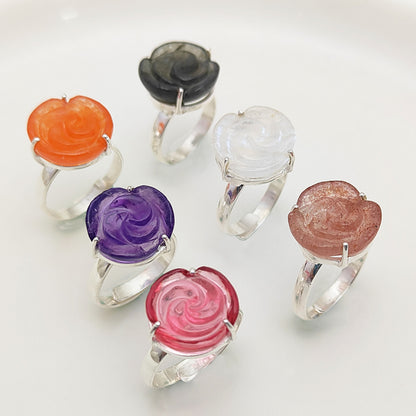 925 Sterling Silver Labradorite Rose Carving Ring Handcarved Flower Adjustable Band Rings