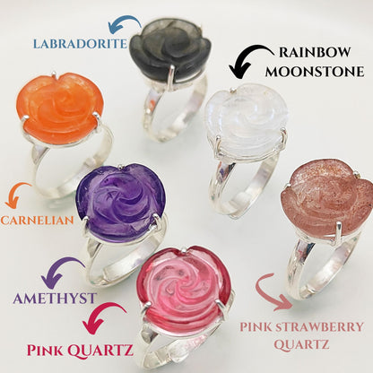 Rainbow Moonstone Handcarved Flower Ring Adjustable 925 Sterling Silver Romantic Jewelry