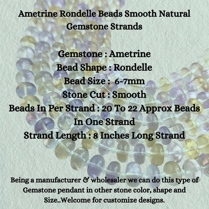 Ametrine Rondelle Beads Smooth Natural Gemstone Strands