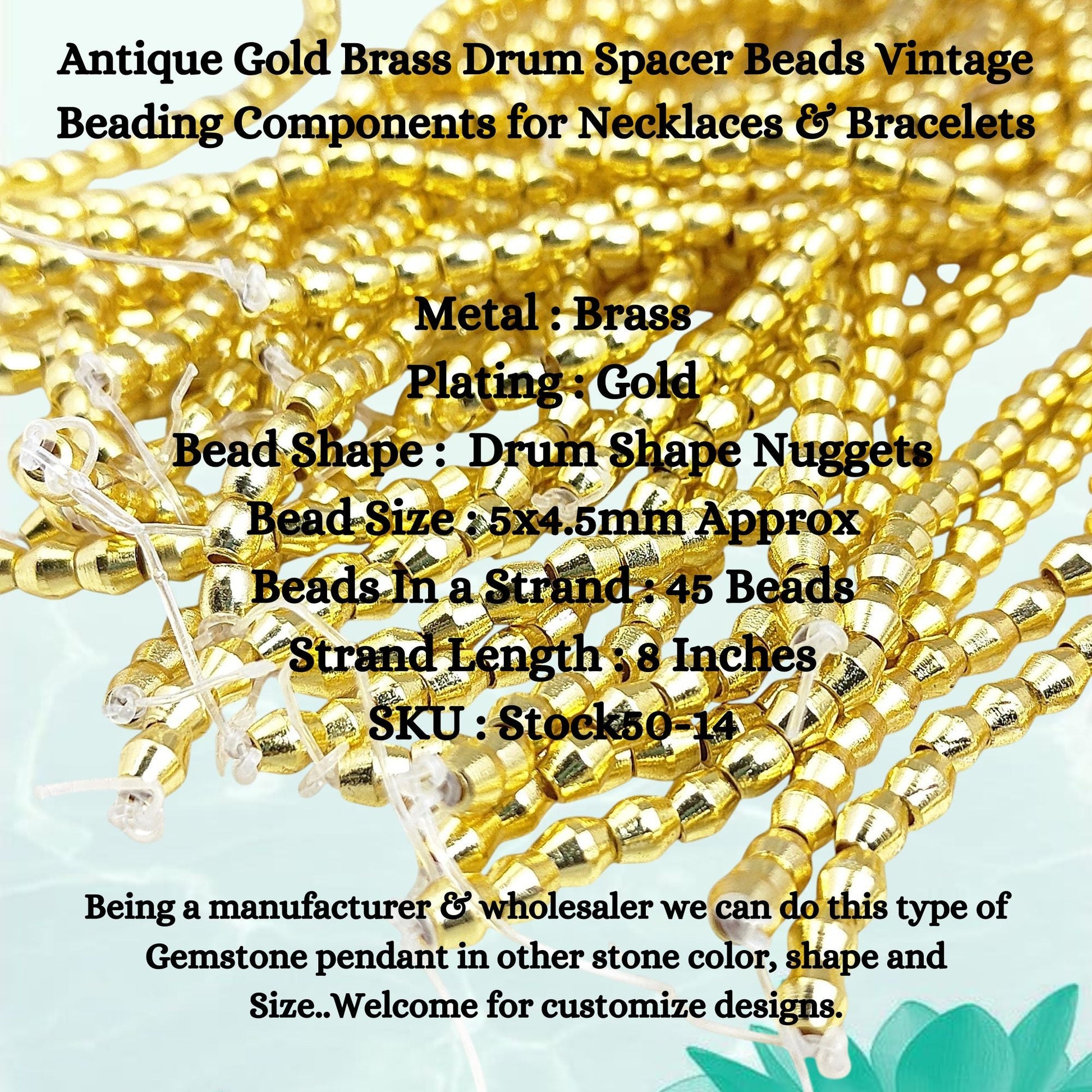 Close-up of vintage style brass drum beads with antique gold plating