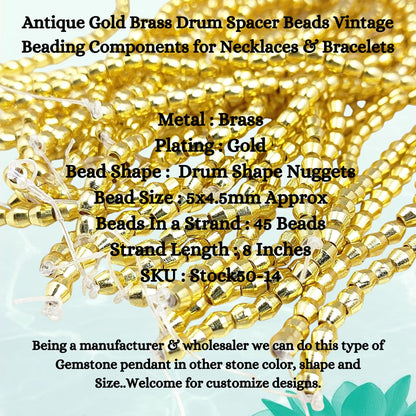 Close-up of vintage style brass drum beads with antique gold plating
