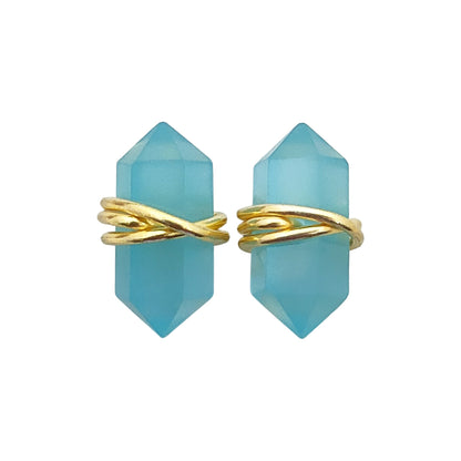 Aqua Chalcedony Stud Earrings 12x5mm Handmade Gold Vermeil Double Point Gemstone Jewelry- Selling Per Pair
