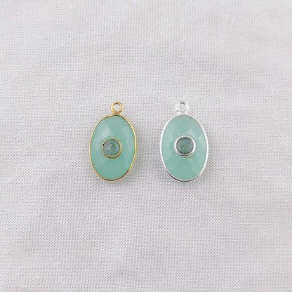 15x10mm Bezel Aqua Chalcedony & Labradorite 2-Stone Gemstone Charm in Gold-Plated Silver- Selling Per Piece