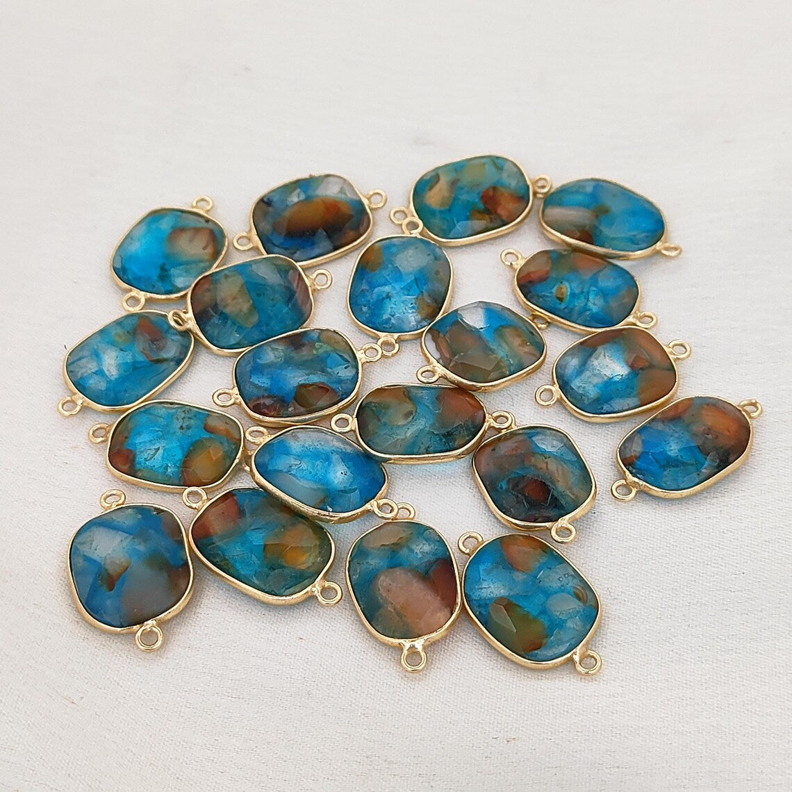 12–15mm Free Form Aqua Terra Jasper Bezel Connector Gold Plated Double Loop Gemstone Links for Handmade Jewelry Projects- Selling Per Piece