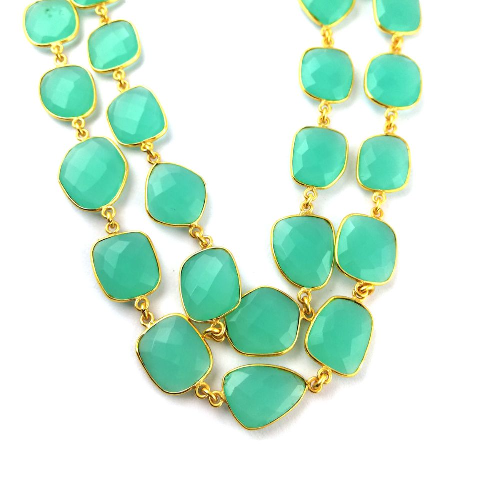 Handmade Aqua Chalcedony Bezel Chain Gold Plated – Faceted Freeform Gemstone Chain by Foot