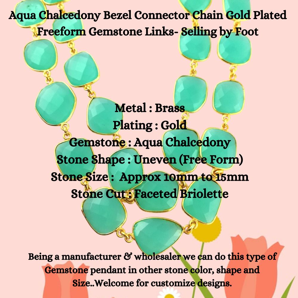 Aqua Chalcedony Bezel Chain Gold Plated Freeform Gemstone Connector – Sold by Foot