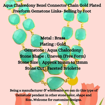 Aqua Chalcedony Bezel Chain Gold Plated Freeform Gemstone Connector – Sold by Foot