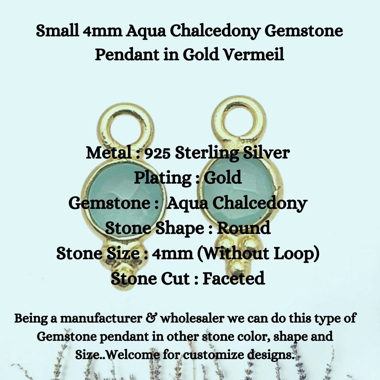 Small 4mm Aqua Chalcedony Gemstone Pendant in Gold Vermeil