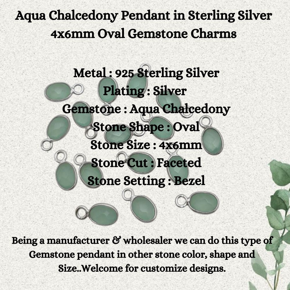 925 Sterling Silver Aqua Chalcedony Pendant – 4x6mm Oval Charm