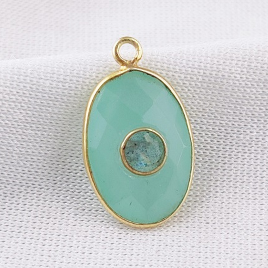 15x10mm Bezel Aqua Chalcedony & Labradorite 2-Stone Gemstone Charm in Gold-Plated Silver- Selling Per Piece