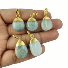 Stunning March Birthstone Aquamarine Gemstone Tumble Pendant Gold Electroplated Minimalist Jewelry- Selling Per Piece