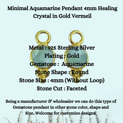 Minimal Aquamarine Pendant 4mm Healing Crystal in Gold Vermeil