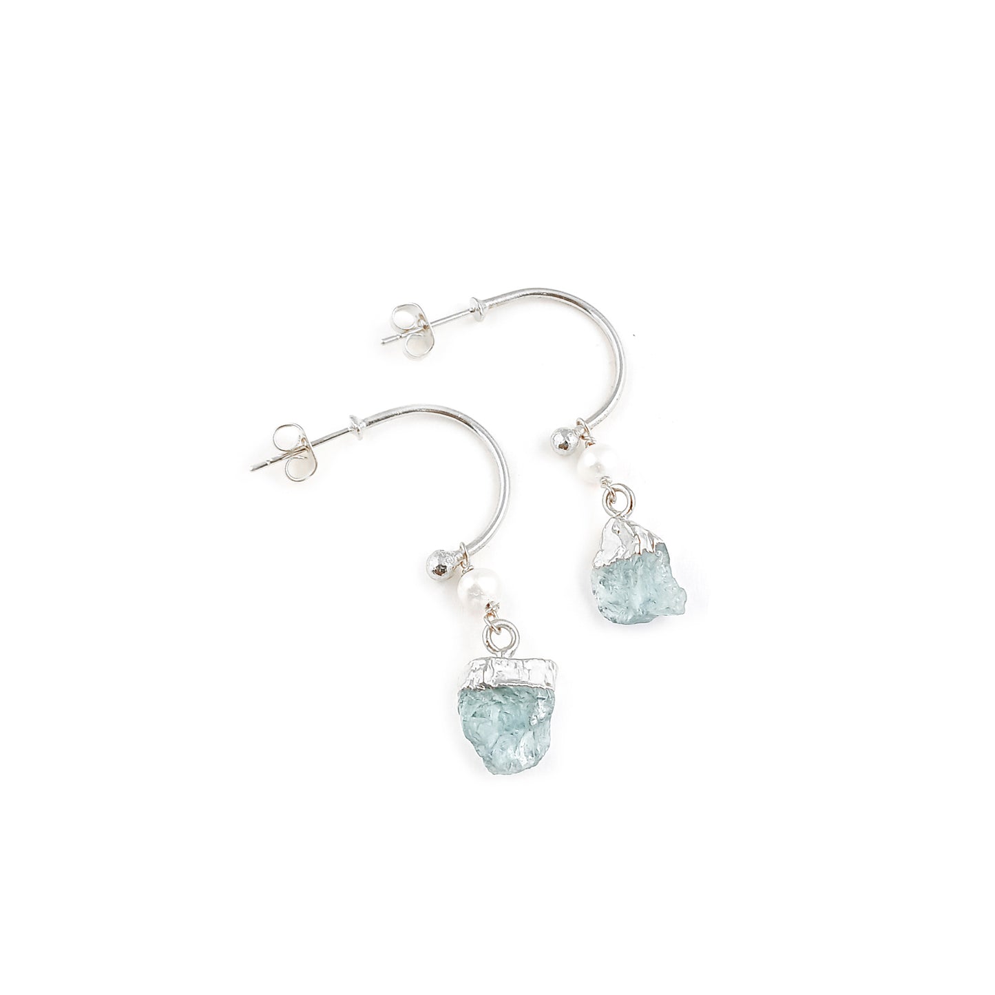 Aquamarine and Pearl Hoop Earrings Dainty 925 Sterling Silver March Birthstone Jewelry- Selling Per Pair