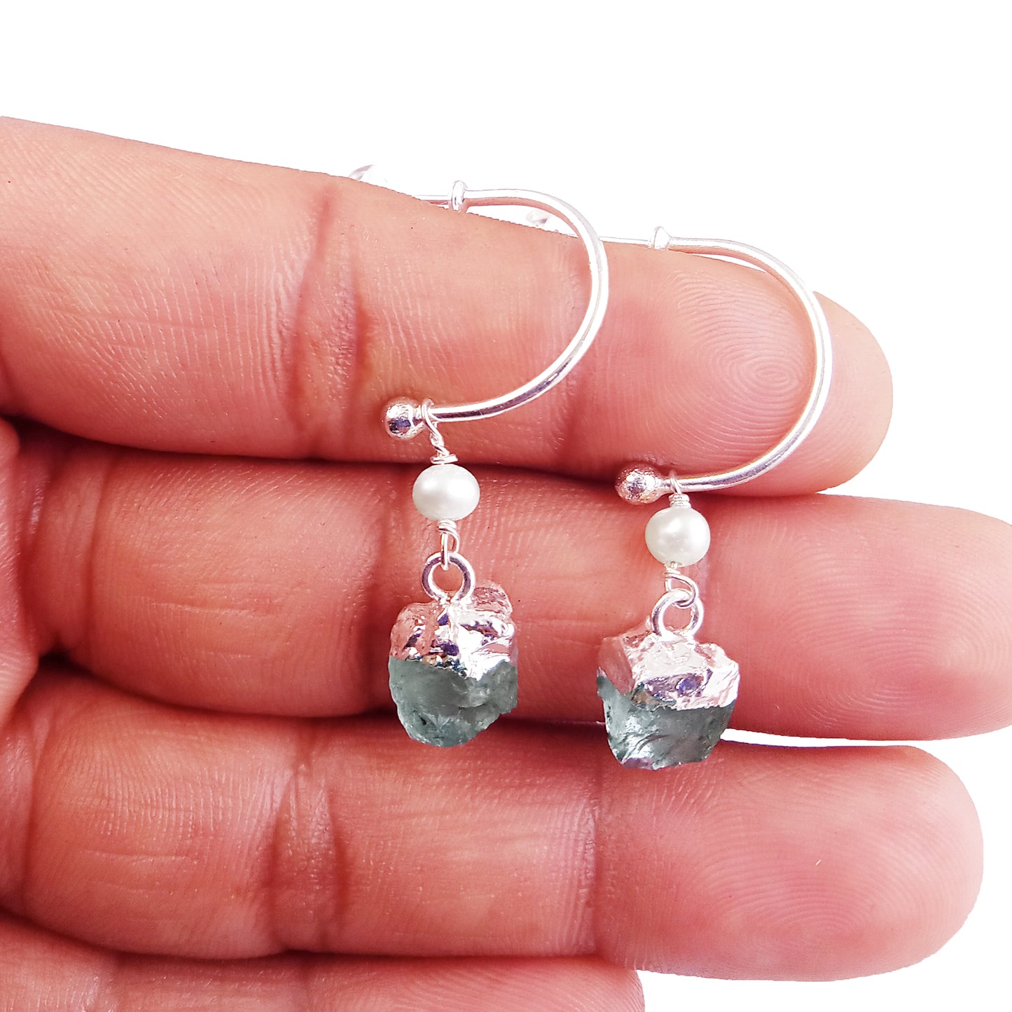 Aquamarine and Pearl Hoop Earrings Dainty 925 Sterling Silver March Birthstone Jewelry- Selling Per Pair