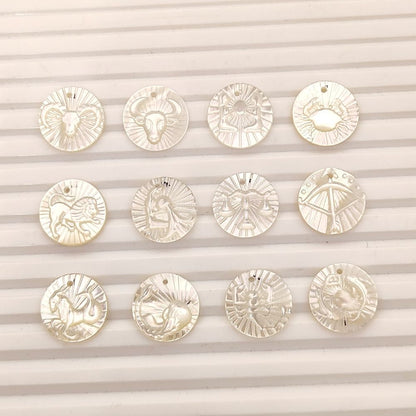 Aries Zodiac Mother of Pearl Charm Engraved Horoscope Coin Shell Disc Pendant for Handmade Jewelry- Selling Per Piece