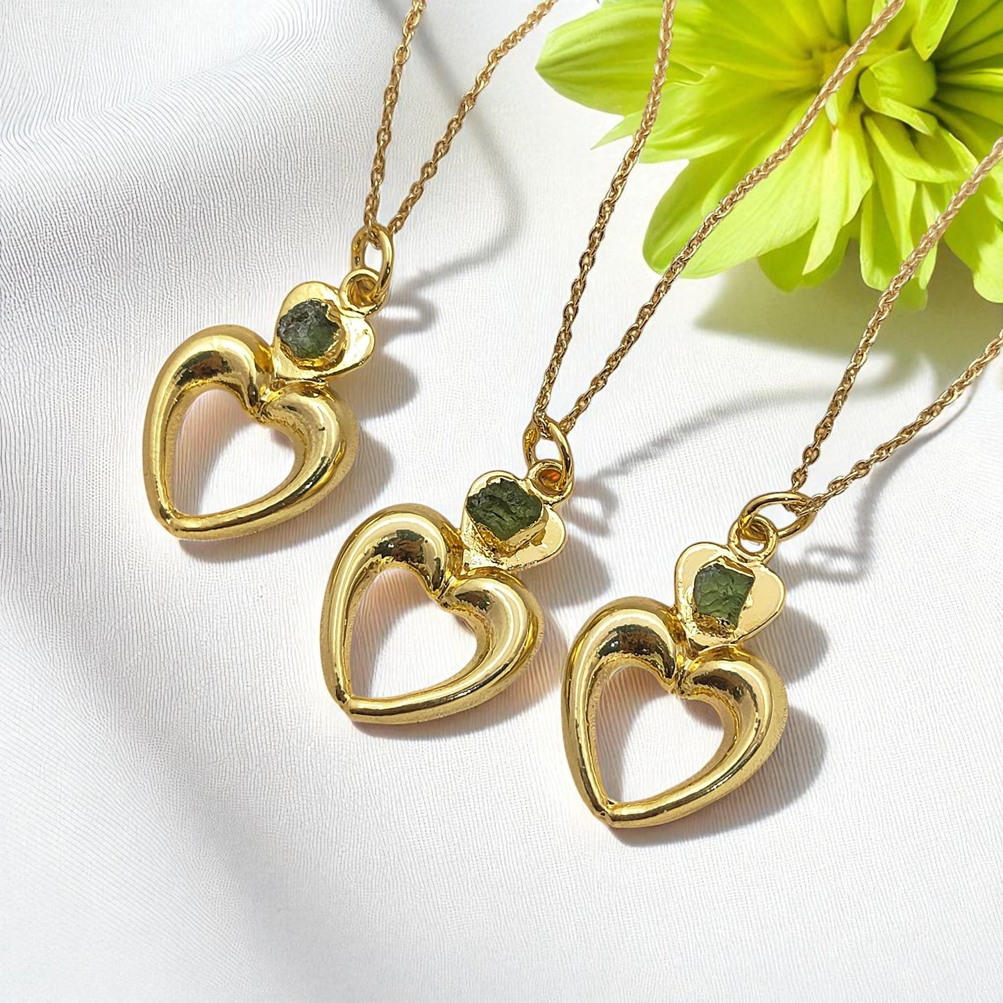 August Birthstone Raw Peridot Necklace with Heart-Shaped Pendant 14K Gold Electroplated Handmade Boho Jewelry
