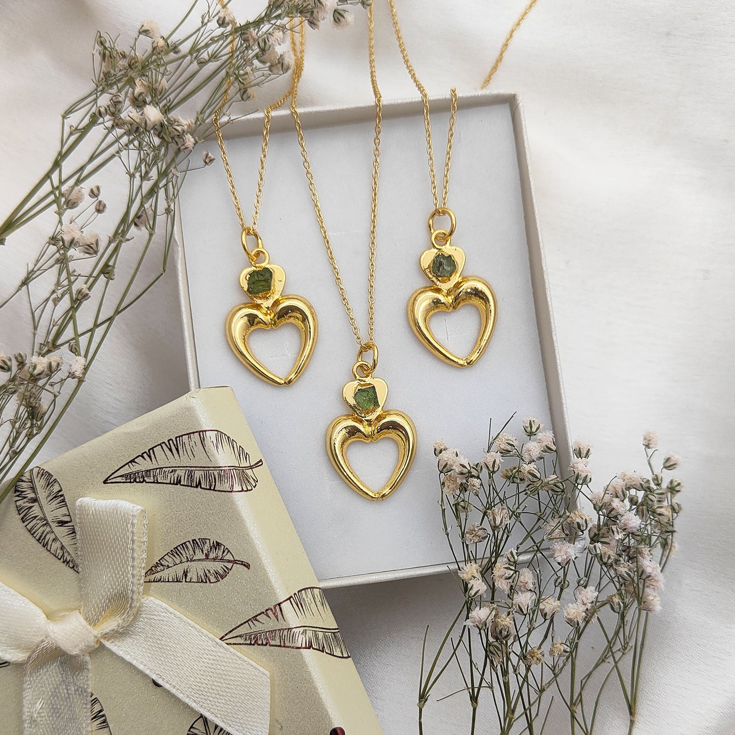 August Birthstone Raw Peridot Necklace with Heart-Shaped Pendant 14K Gold Electroplated Handmade Boho Jewelry