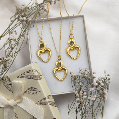 August Birthstone Raw Peridot Necklace with Heart-Shaped Pendant 14K Gold Electroplated Handmade Boho Jewelry