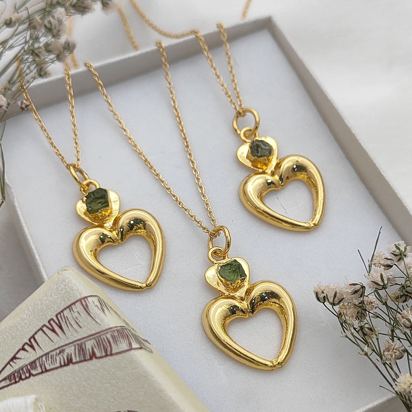 August Birthstone Raw Peridot Necklace with Heart-Shaped Pendant 14K Gold Electroplated Handmade Boho Jewelry