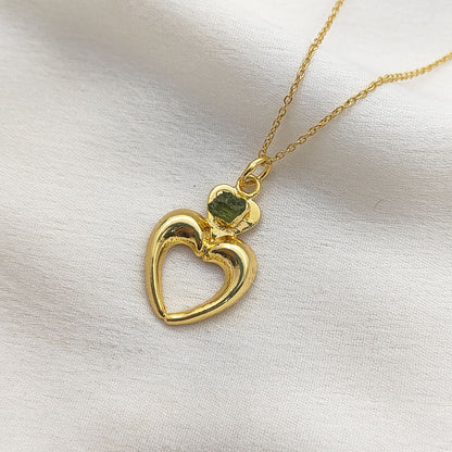 August Birthstone Raw Peridot Necklace with Heart-Shaped Pendant 14K Gold Electroplated Handmade Boho Jewelry