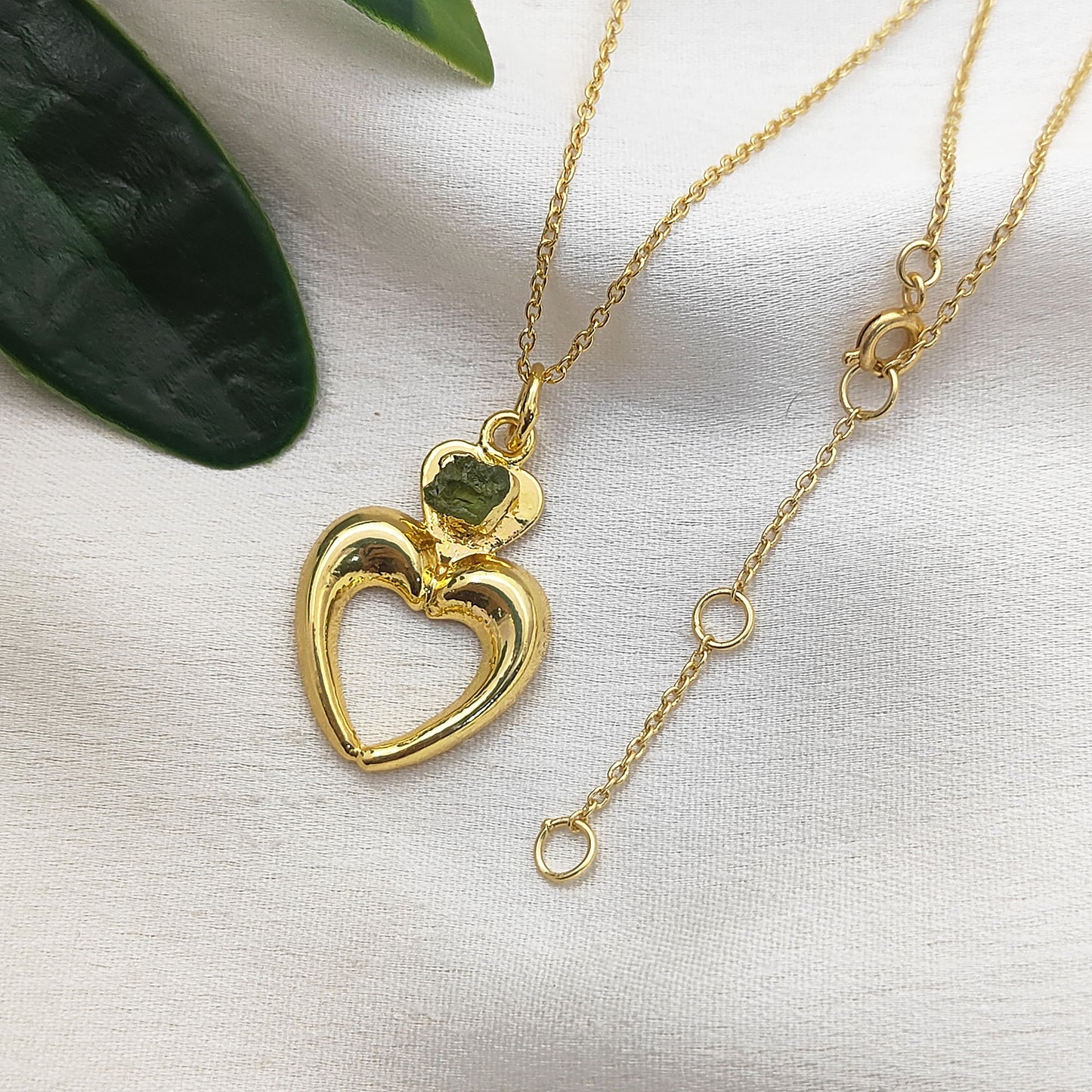 August Birthstone Raw Peridot Necklace with Heart-Shaped Pendant 14K Gold Electroplated Handmade Boho Jewelry
