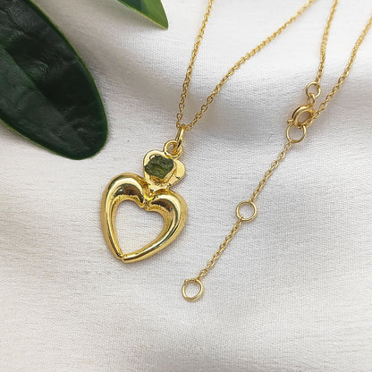 August Birthstone Raw Peridot Necklace with Heart-Shaped Pendant 14K Gold Electroplated Handmade Boho Jewelry
