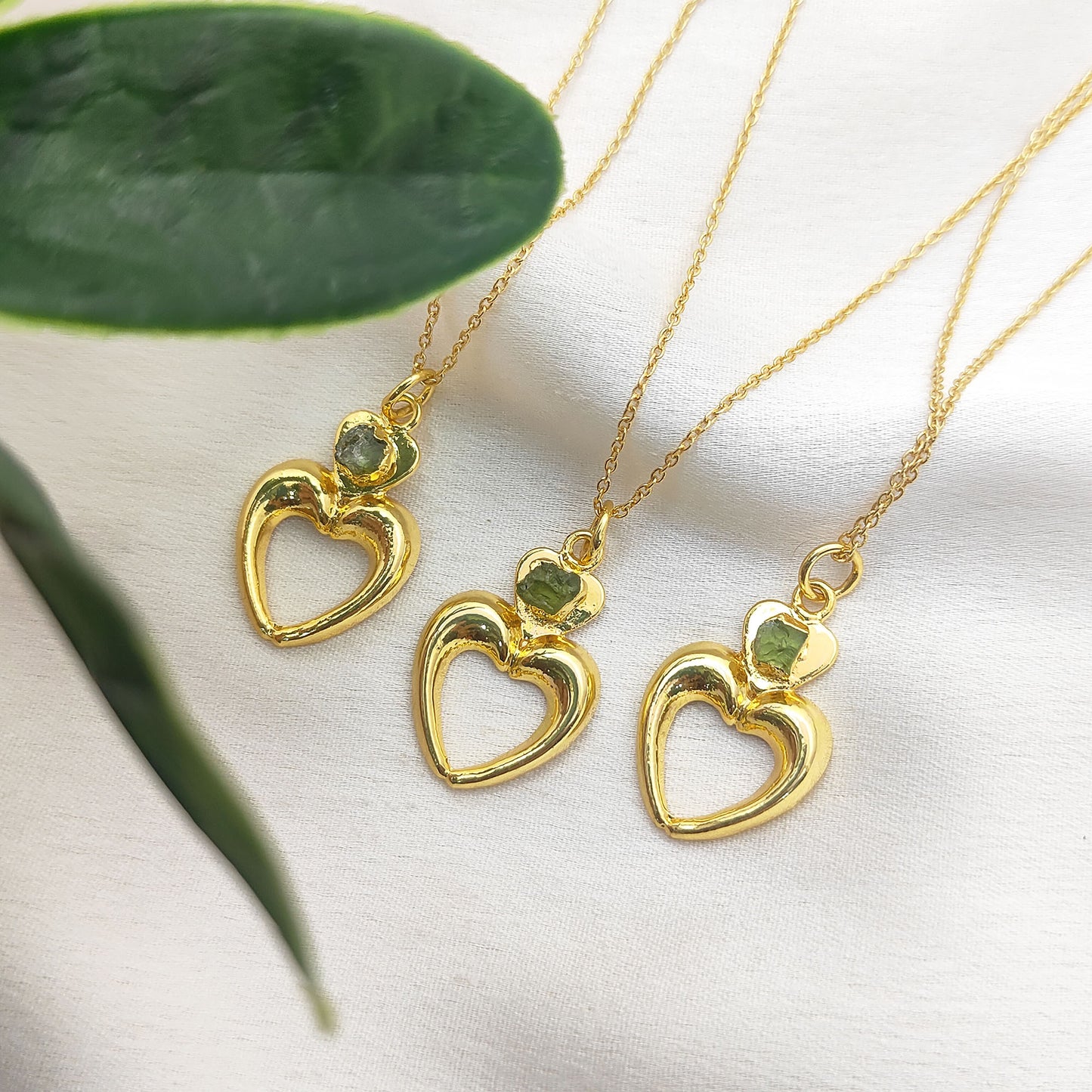 August Birthstone Raw Peridot Necklace with Heart-Shaped Pendant 14K Gold Electroplated Handmade Boho Jewelry