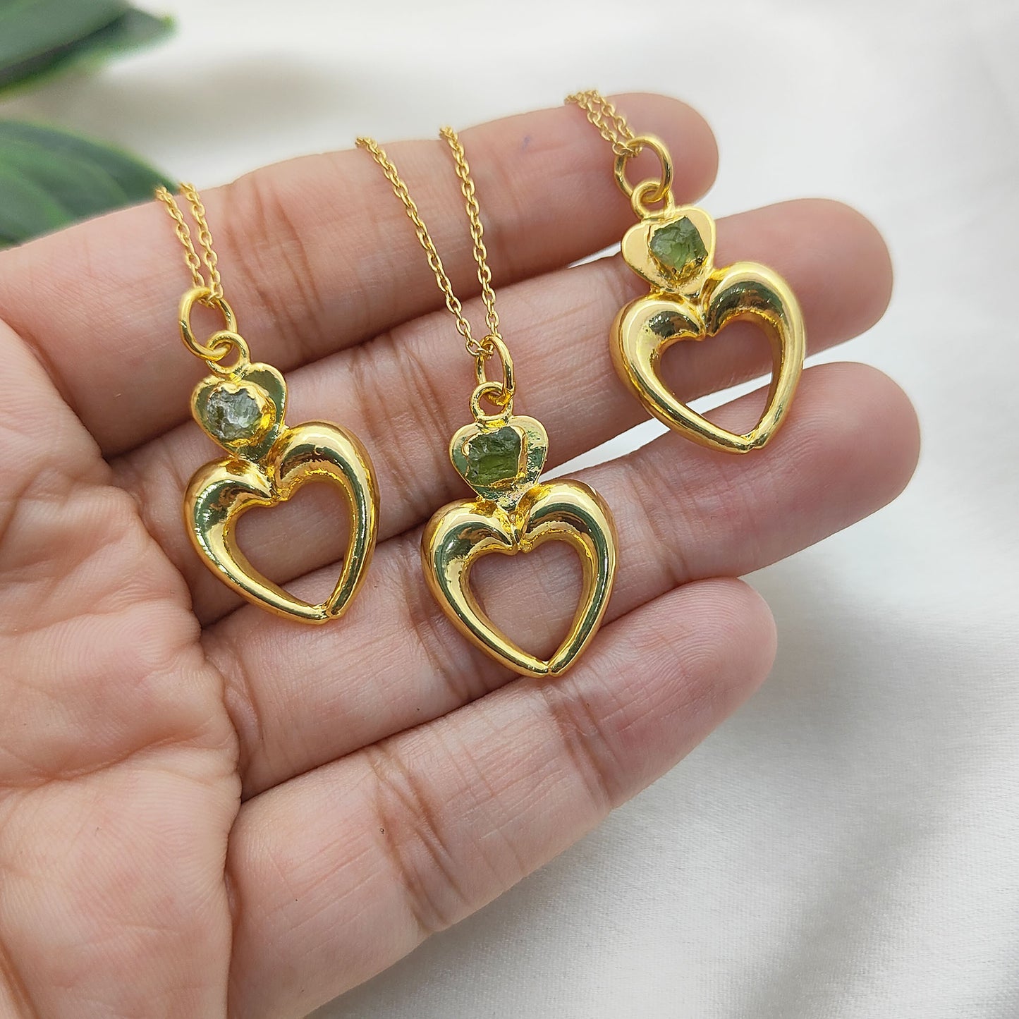 August Birthstone Raw Peridot Necklace with Heart-Shaped Pendant 14K Gold Electroplated Handmade Boho Jewelry