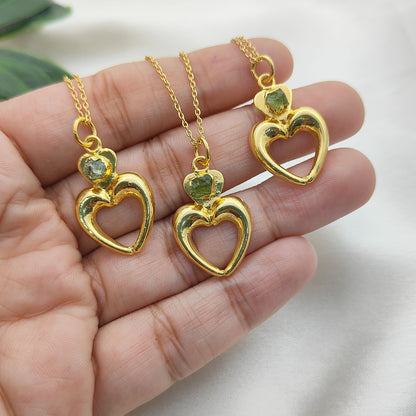 August Birthstone Raw Peridot Necklace with Heart-Shaped Pendant 14K Gold Electroplated Handmade Boho Jewelry
