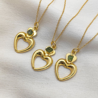 August Birthstone Raw Peridot Necklace with Heart-Shaped Pendant 14K Gold Electroplated Handmade Boho Jewelry