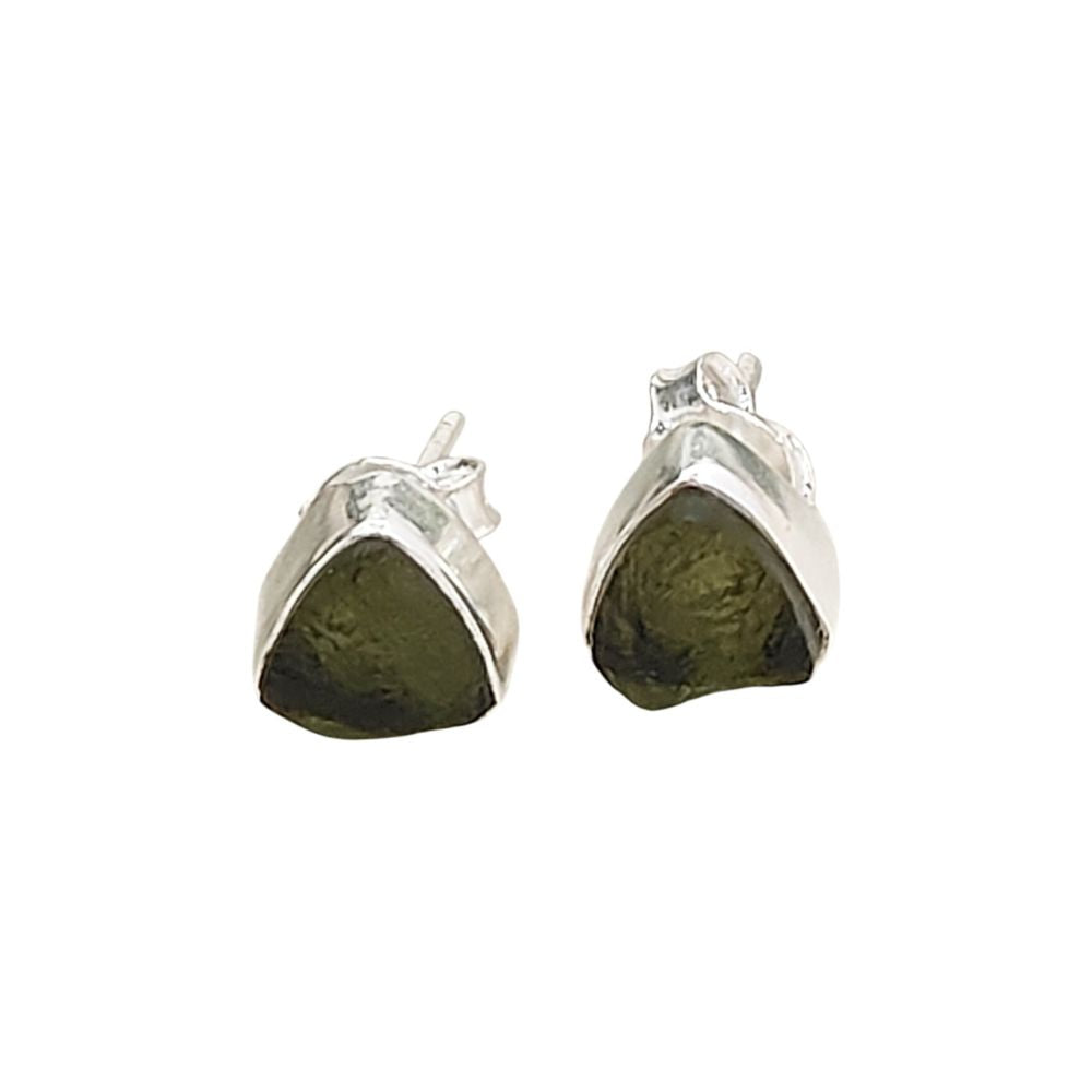 Authentic Moldavite Trillion Shape Stud Earrings Raw Natural Green Stone Handmade Sterling Silver Jewelry for Women- Selling Per Pair