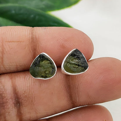 Authentic Moldavite Trillion Shape Stud Earrings Raw Natural Green Stone Handmade Sterling Silver Jewelry for Women- Selling Per Pair