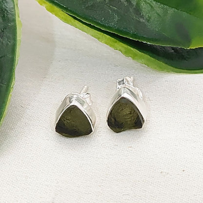 Authentic Moldavite Trillion Shape Stud Earrings Raw Natural Green Stone Handmade Sterling Silver Jewelry for Women- Selling Per Pair