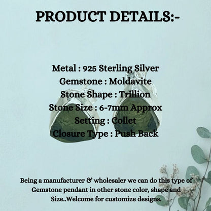 Authentic Moldavite Trillion Shape Stud Earrings Raw Natural Green Stone Handmade Sterling Silver Jewelry for Women- Selling Per Pair