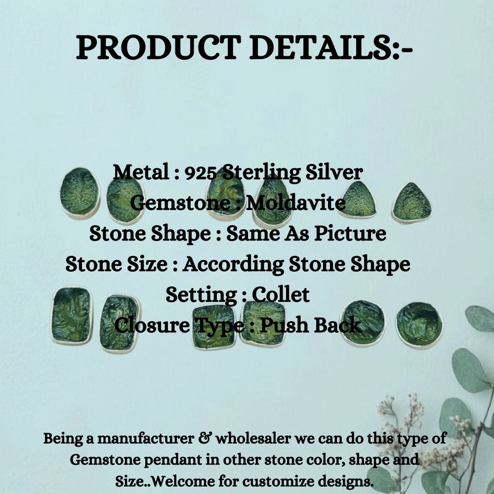 Authentic Raw Moldavite Stud Earrings Handmade Sterling Silver Minimalist Collet Set Push Back Closure Gemstone Jewelry for Women- Selling Per Pair