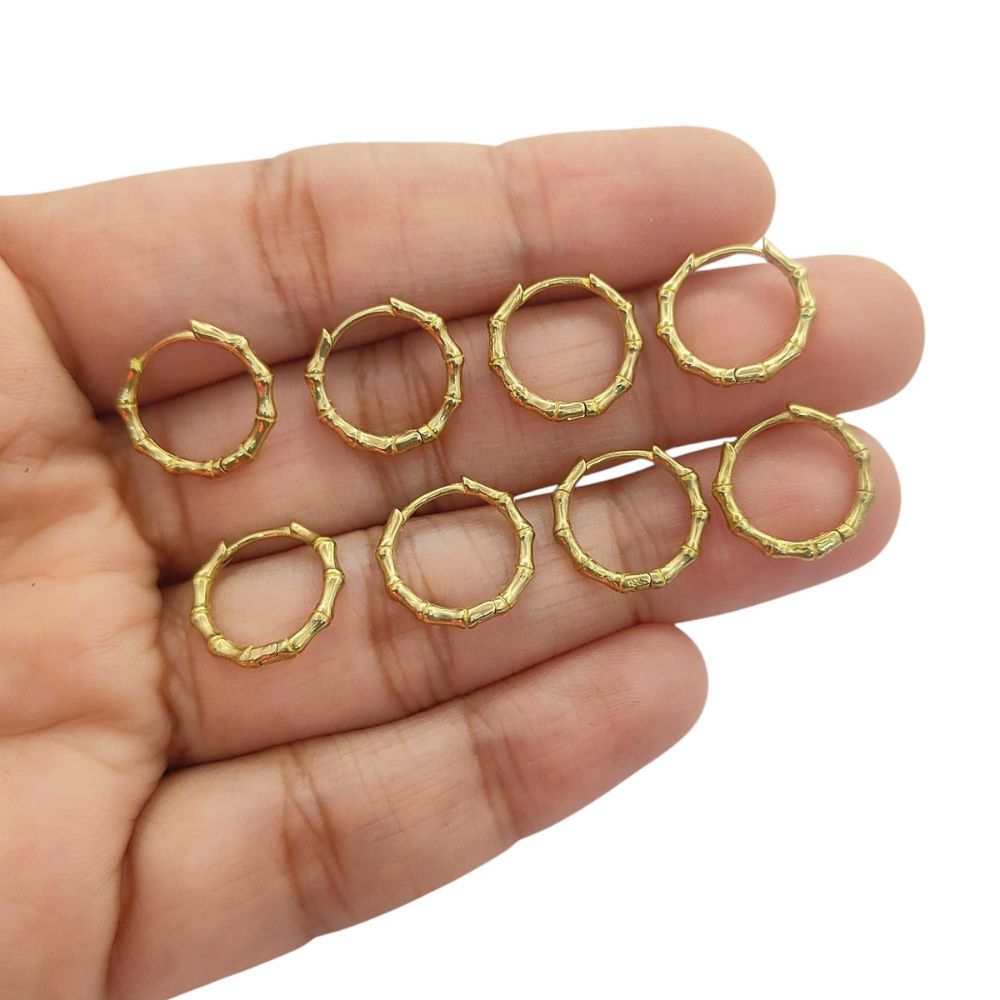 Bamboo Style Hoop Earrings Gold Plated Round Huggie Hoops Daily Wear Jewelry- Selling Per Pair