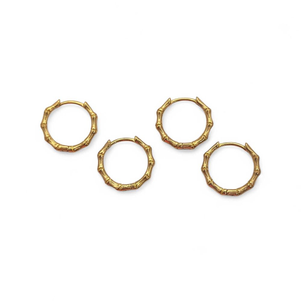 Bamboo Style Hoop Earrings Gold Plated Round Huggie Hoops Daily Wear Jewelry- Selling Per Pair
