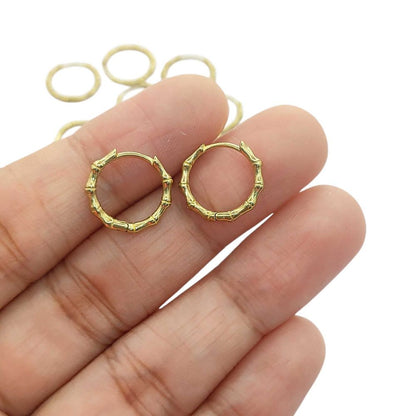 Bamboo Style Hoop Earrings Gold Plated Round Huggie Hoops Daily Wear Jewelry- Selling Per Pair