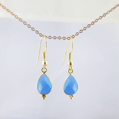Handcrafted Blue Chalcedony Dangle Earrings – 12x8mm Gold Plated Elegant Gift for Women