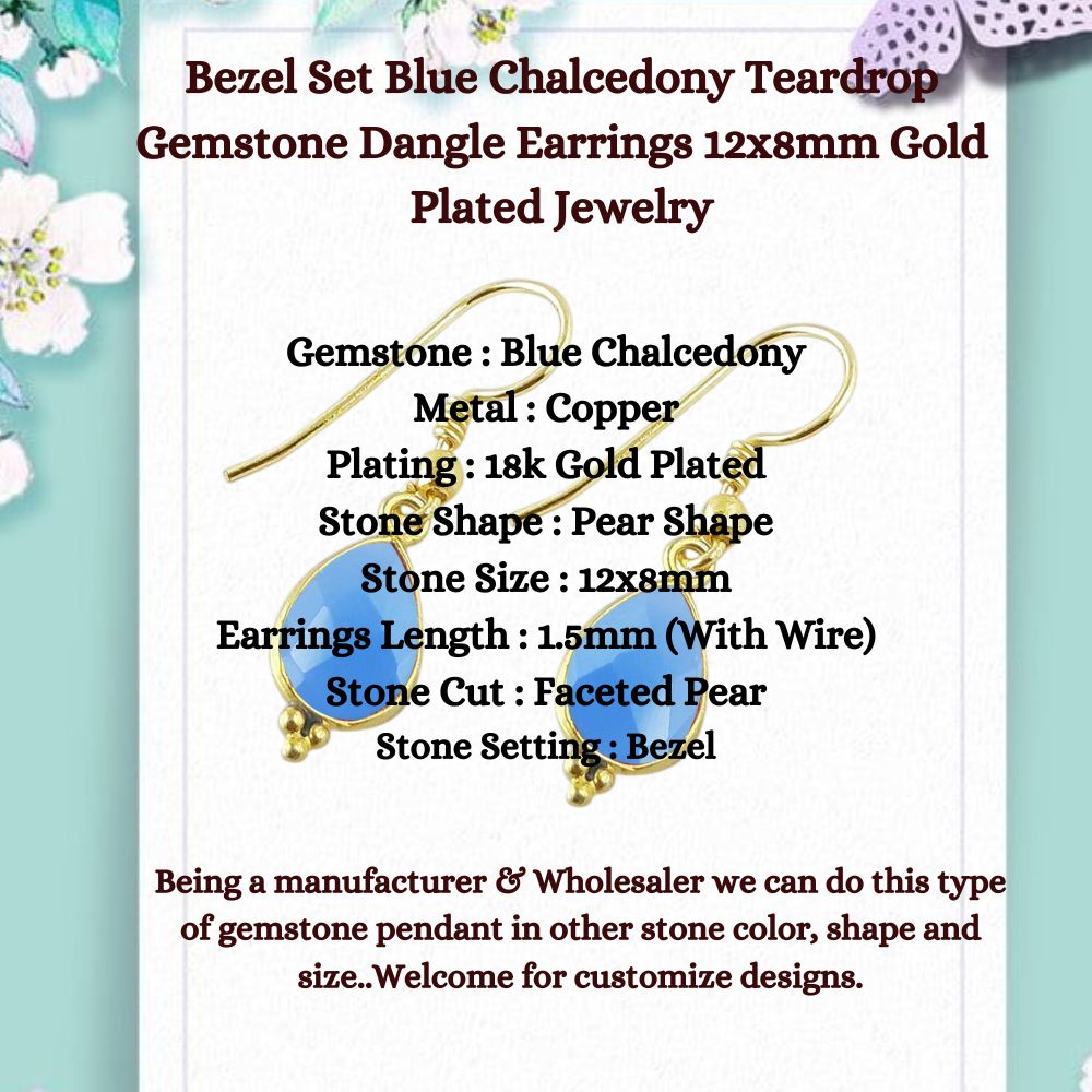 Bezel Set Blue Chalcedony Teardrop Gemstone Dangle Earrings 12x8mm Gold Plated Jewelry for Women- Selling Per Piece