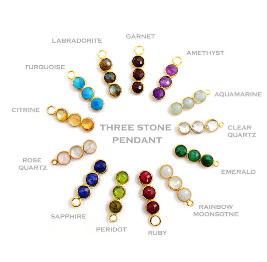 6mm Round Briolette Three Birthstone Pendant 18K Gold Plated Bezel Birthstone Charm for Personalized Jewelry